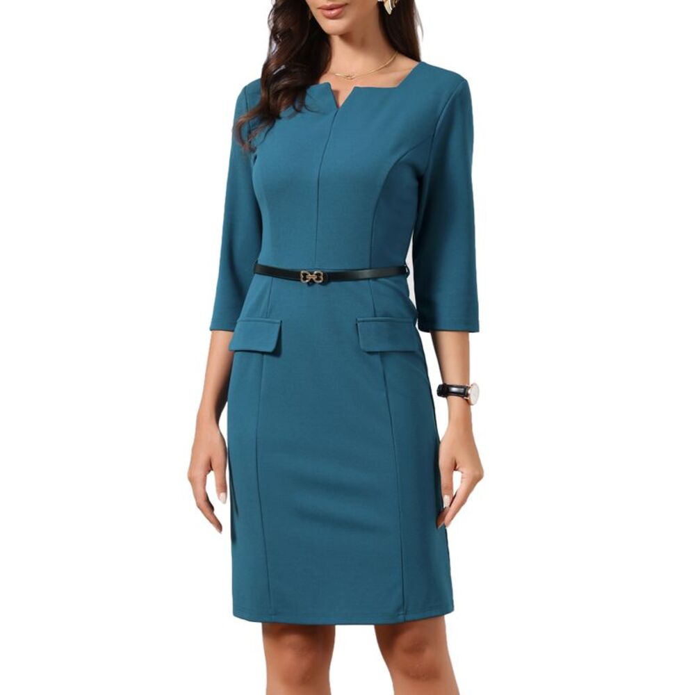 Women's 3/4 Sleeve Midi Dress V Neck Work Business Sheath Dress Blue
